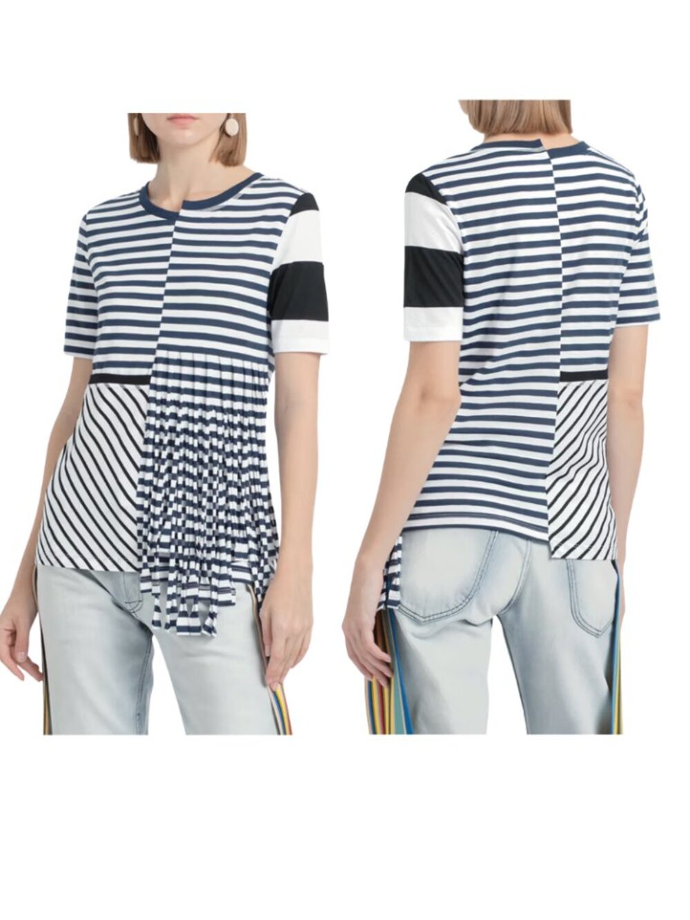 LOEWE Asymmetric Stripe T-shirt with Fringe Trim Accent. Size XS